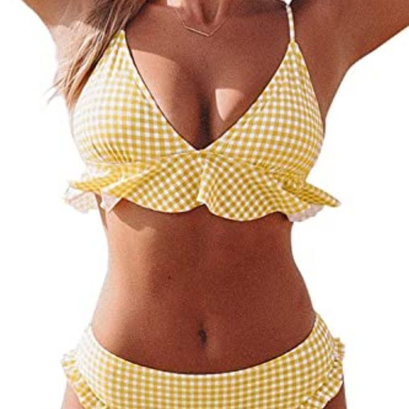 CUPSHE Women's Bikini Swimsuit Ruffle V Neck Two Piece Bathing Suit - Picture 1 of 4